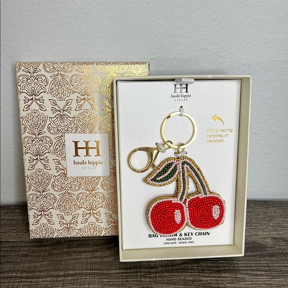Haute Hippie 🍒✨ Adorable Hand-Beaded Dbl Sided Cherry Bag Charm! 🌟💚 - Picture 1 of 3